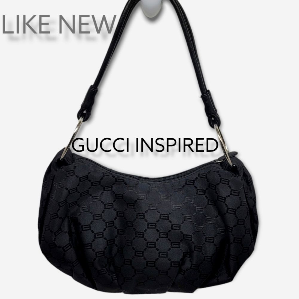 Inspired by designer brand Gucci Black Logo Nylon Hobo Style Shoulder Bag